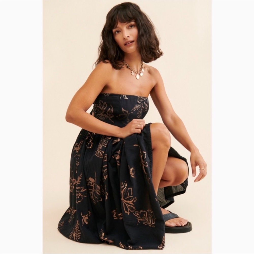 Free People Baja Babe Strapless Midi  Black Combo Copper Foil Sz   Ret $168 EUC - Picture 2 of 10